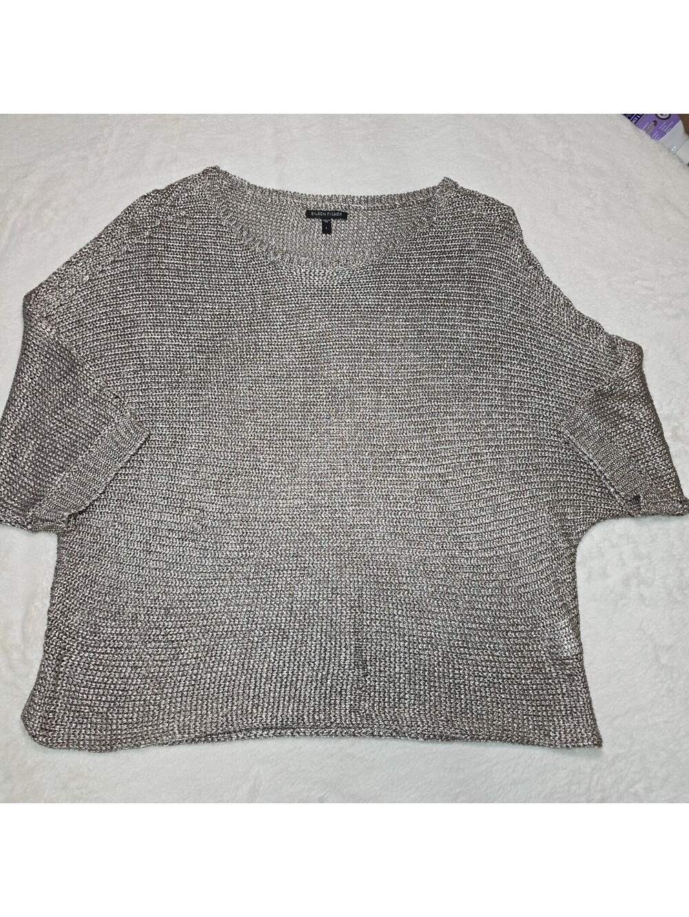 Eileen Fisher Metallic Silver Shimmer Knit Top Size L Boxy Dolman USA Viscose